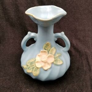 Vintage Blue Weller Pottery Double Handle Vase Magnolia American Pottery 6"